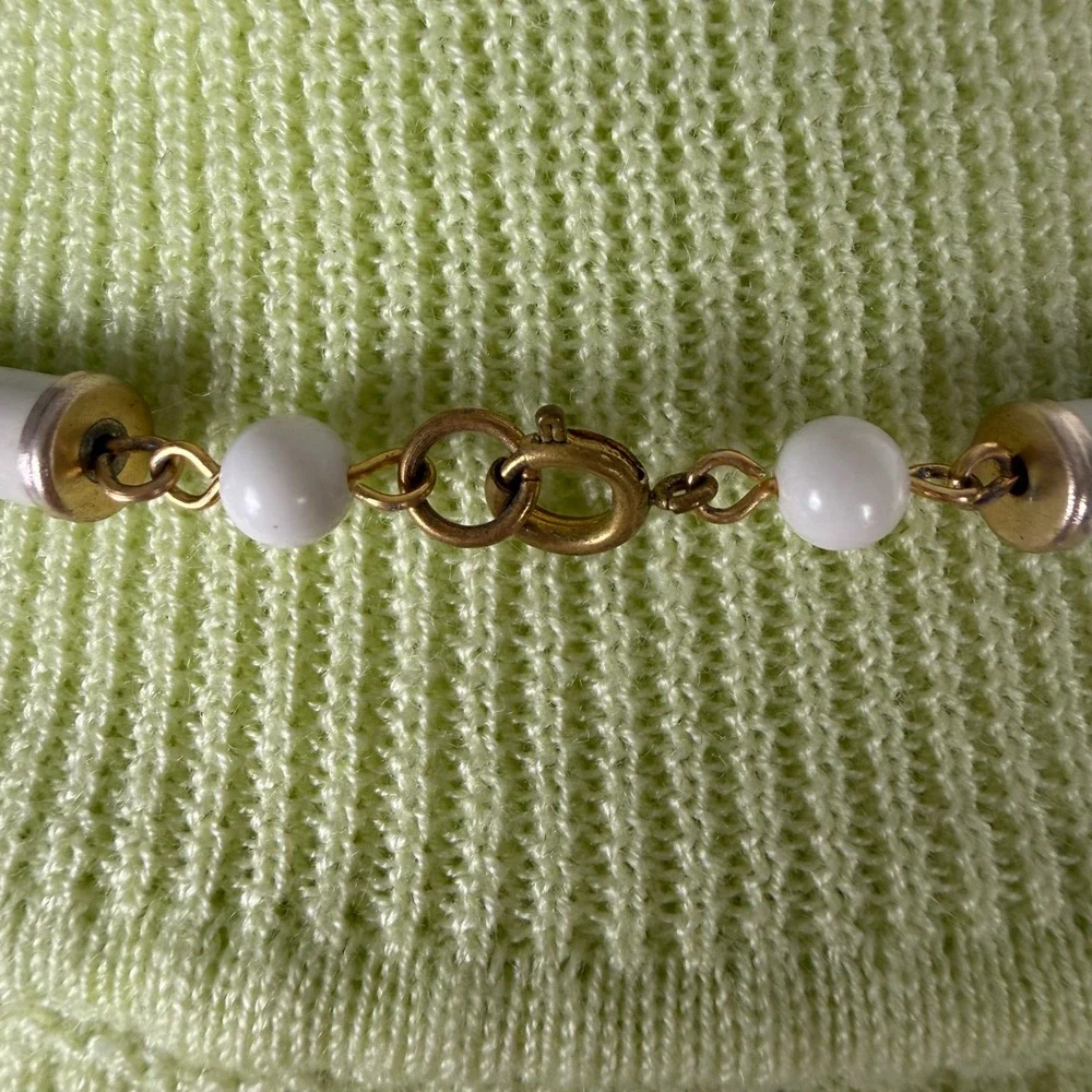 Vintage Floral Porcelain Tube Bead & White Round Bead Long Necklace 38 Inch Gold